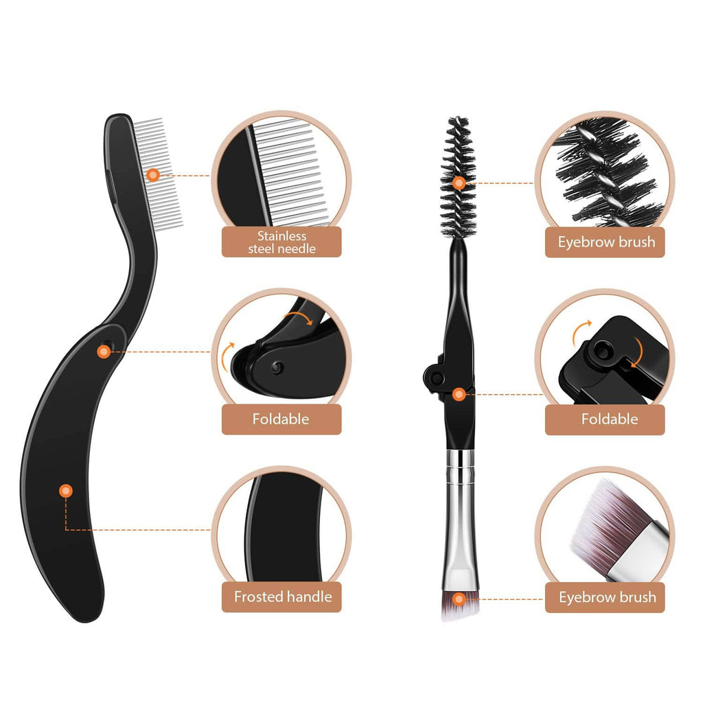 Folding eyebrow comb and lash brush with stainless steel teeth and frosted handle