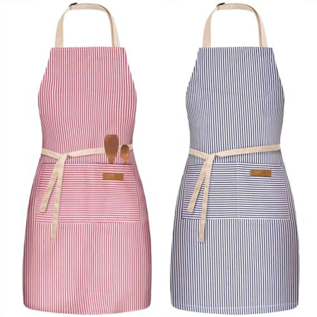 Set of two striped bib aprons with adjustable neck strap and front pockets
