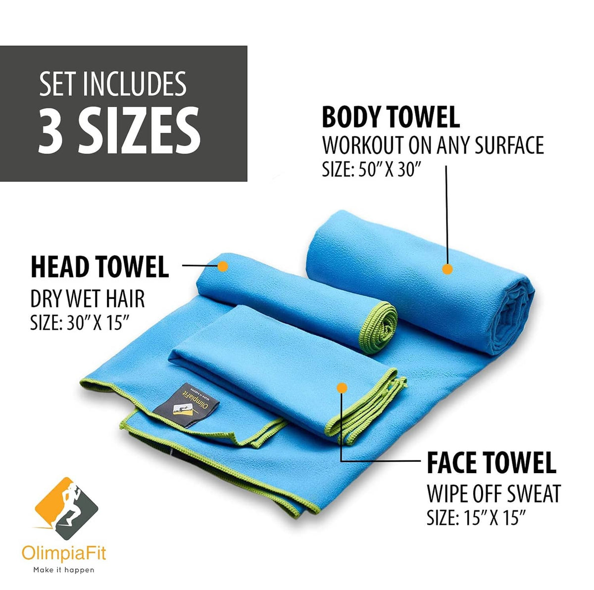 Three-size microfiber towel set, rolled body, face, and head towels with green trim