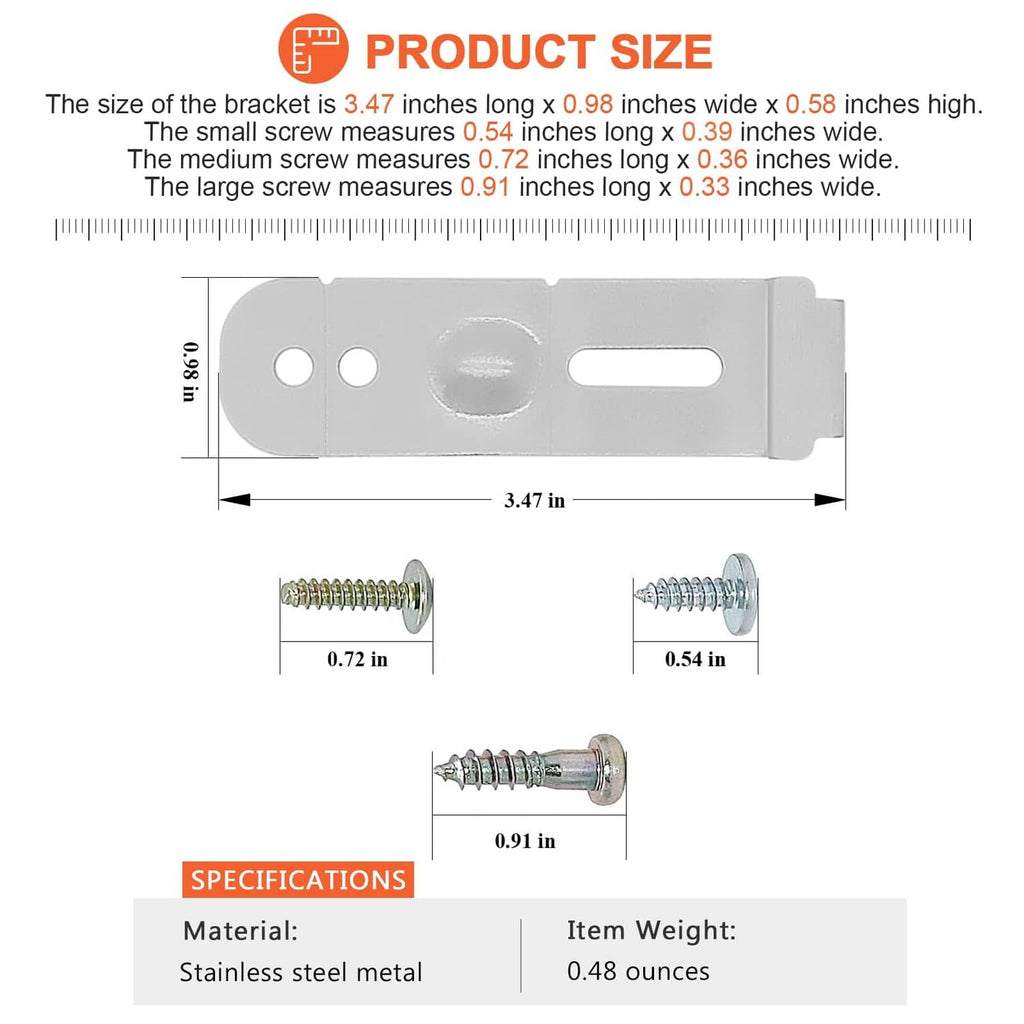 Silver dishwasher mounting bracket with screws, shown with size measurements