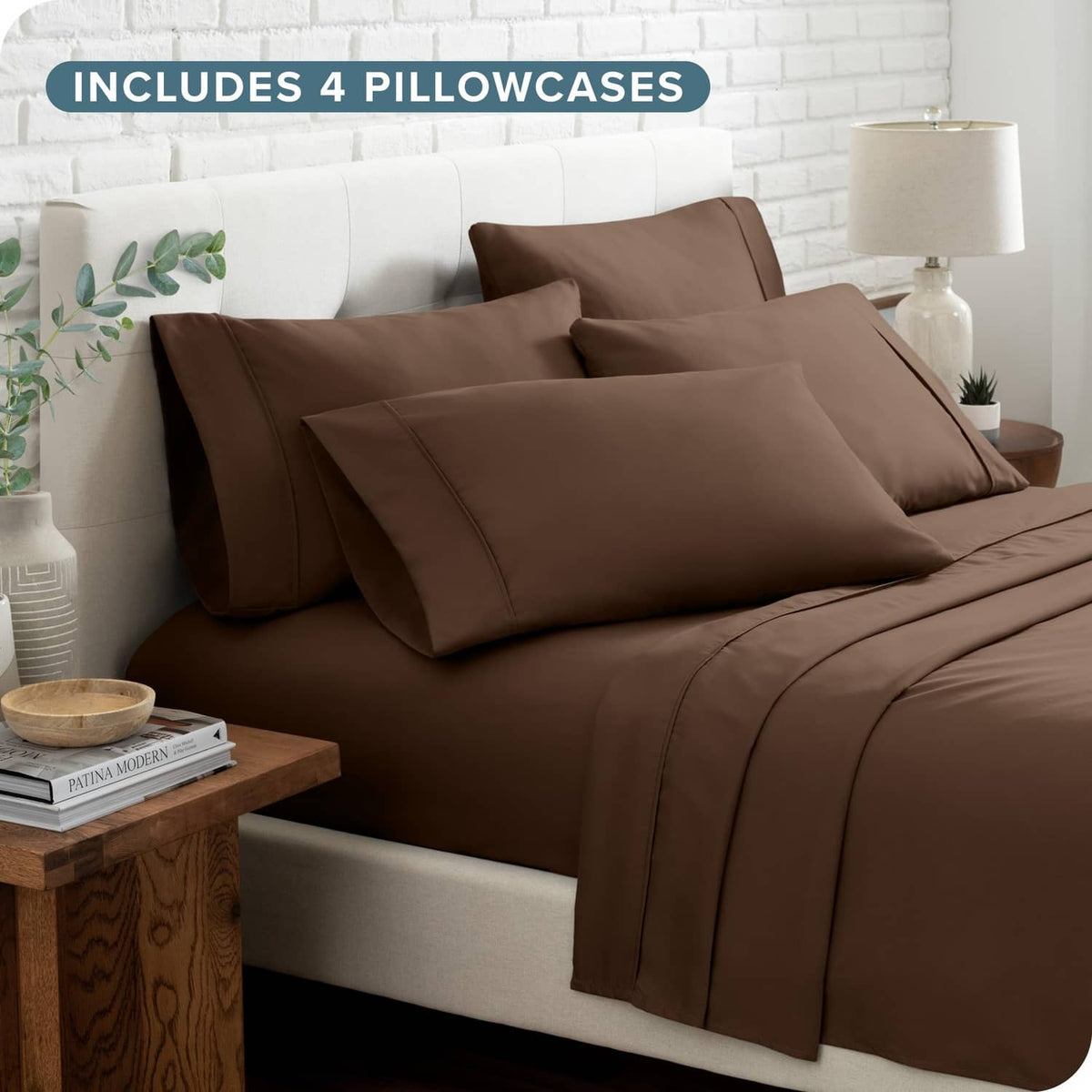 Cocoa brown queen bed sheet set with multiple pillowcases and layered bedding