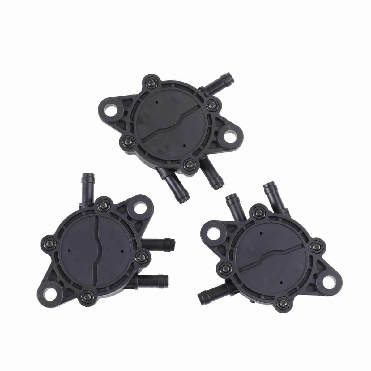 Three black diaphragm fuel pumps shown from different angles with mounting tabs