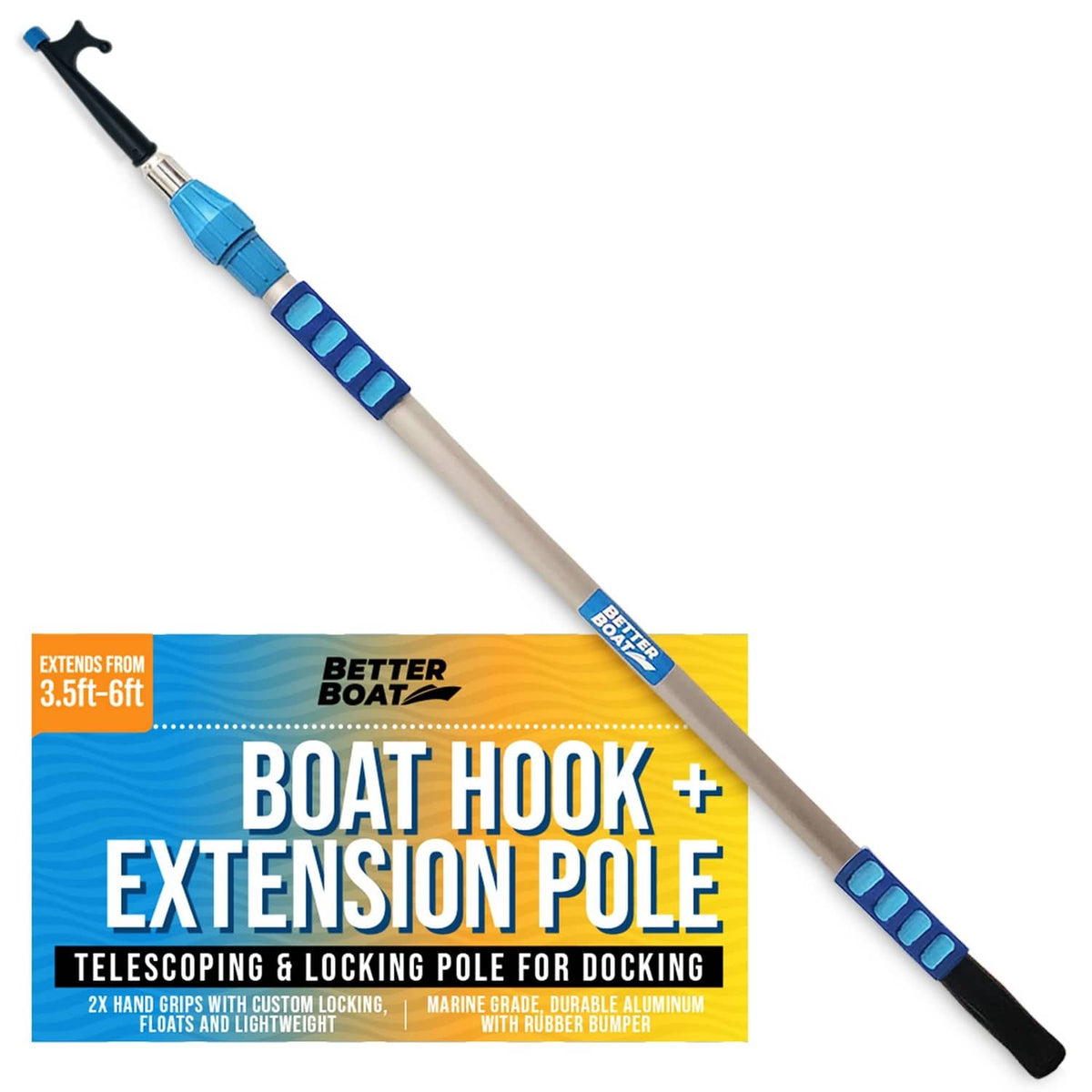 Telescoping boat hook extension pole with blue foam grip and black hook tip
