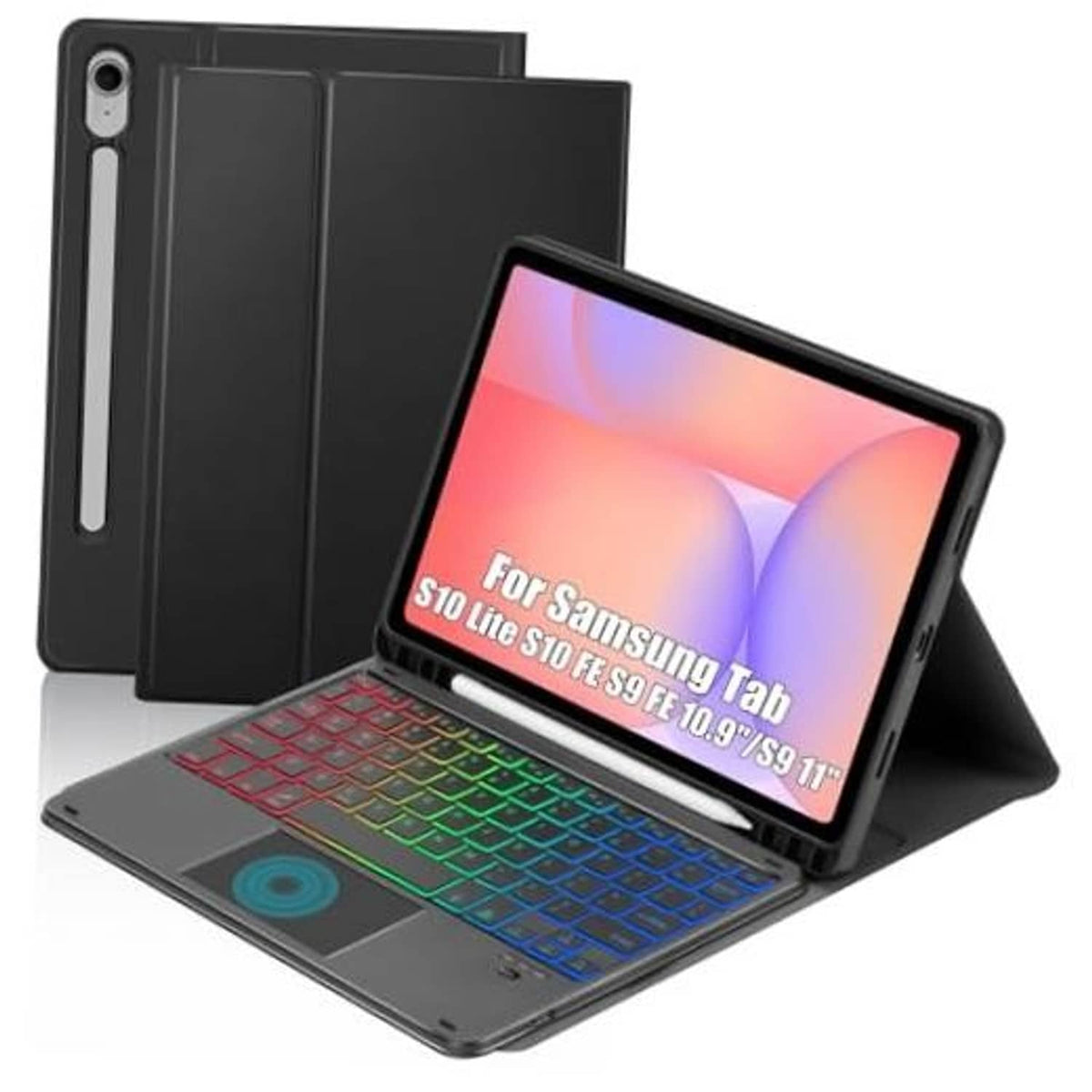 Black tablet keyboard case with touchpad, protective back cover and folio stand.