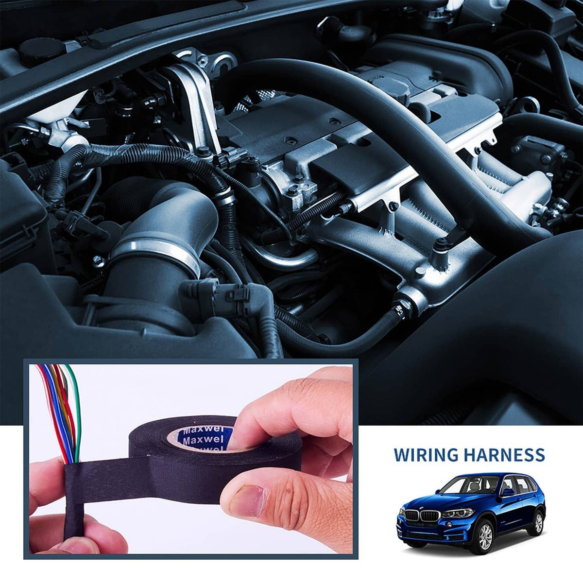 Black wiring harness cloth tape applied to bundled wires