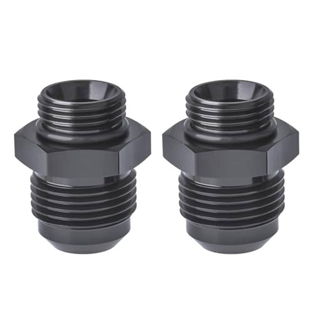 Two black threaded adapter fittings with hex nut style body and ORB sealing groove