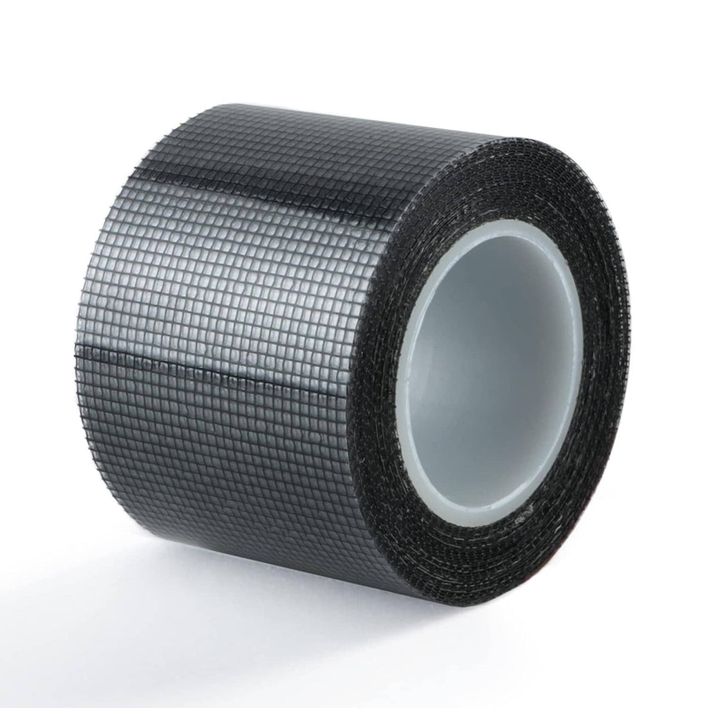 Window screen repair tape roll with dark woven mesh and white inner adhesive core.