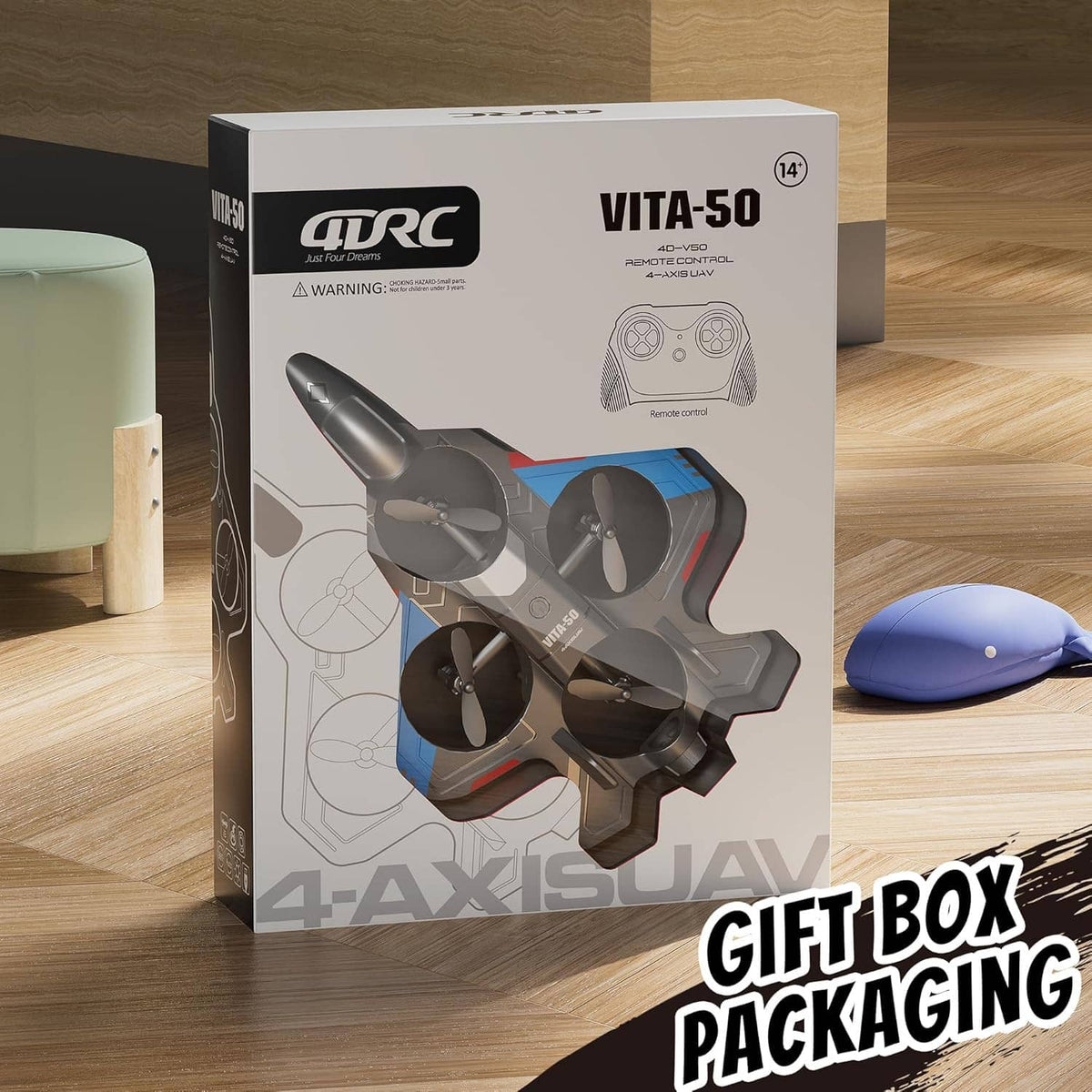 RC remote-control airplane gift box packaging with controller and quadcopter image