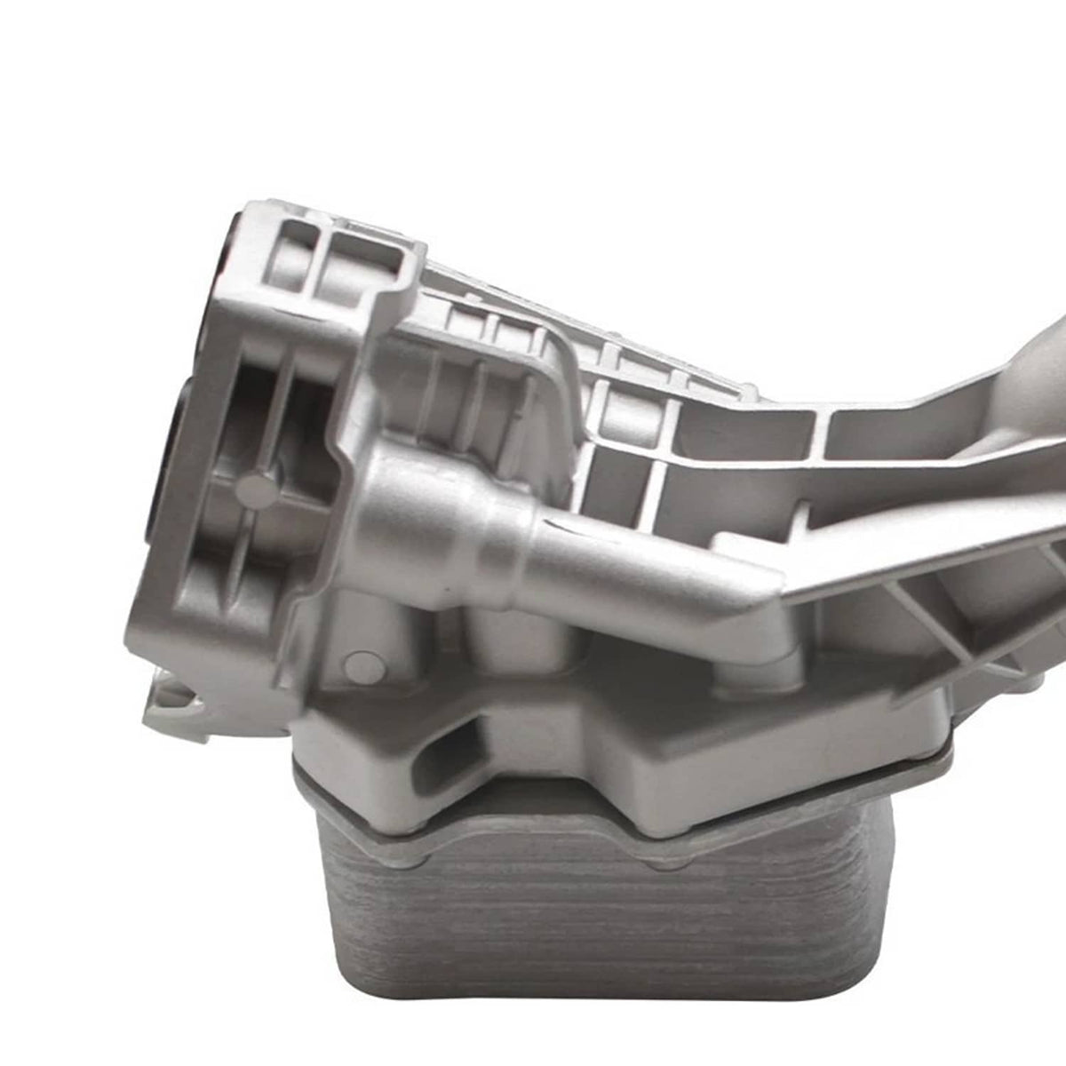 Oil cooler filter housing end section with internal channels and flat mounting base
