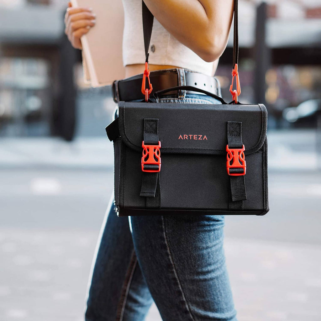 Black marker organizer case with red handle clips, designed for carrying pens and markers