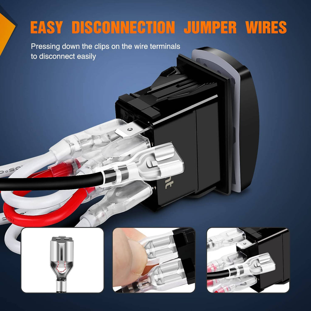 Rocker switch with blue HIGH/LOW icons and bundled jumper wires with terminal clips