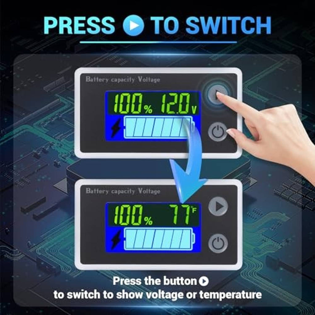 Battery voltage monitor with hand pressing button; LCD shows 100% and 12.7V