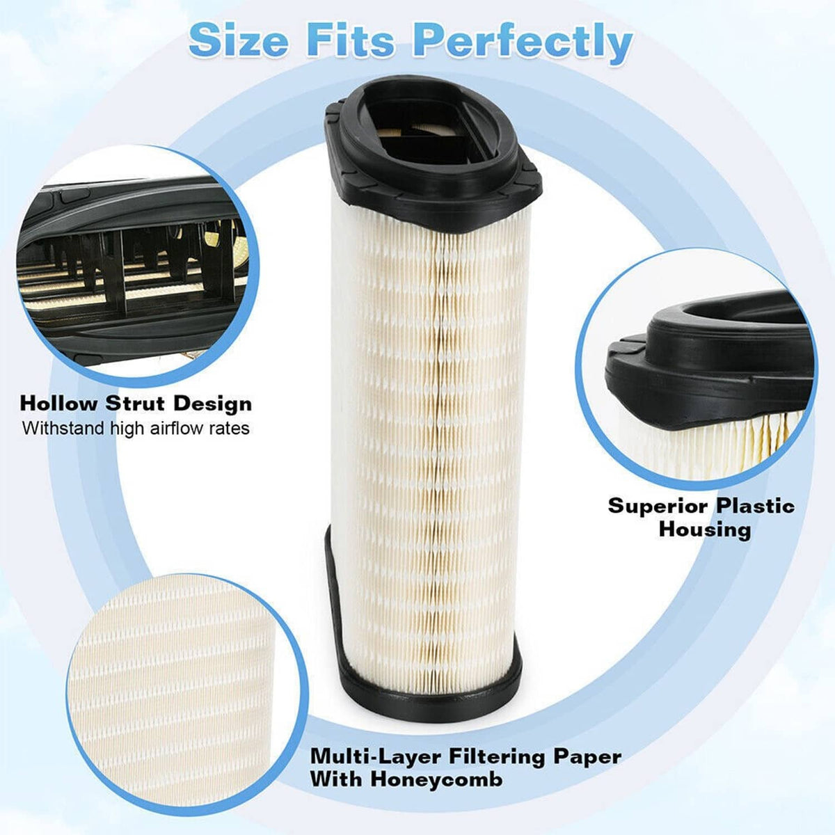 Engine air filter cartridge with tall pleated cream paper and black plastic housing