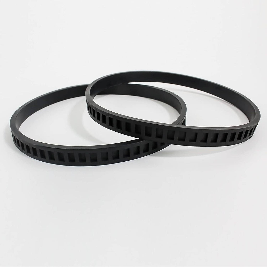 Black rubber bandsaw pulley tire set with two overlapping looped belts and toothed edges