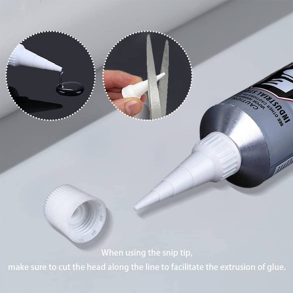 White snip-tip applicator cap with dispensing tube and conical nozzle