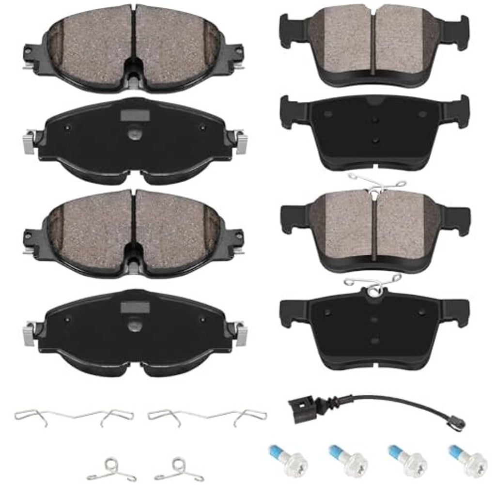 Ceramic brake pad set with metal backing, shims and sensor wiring shown in multiple views