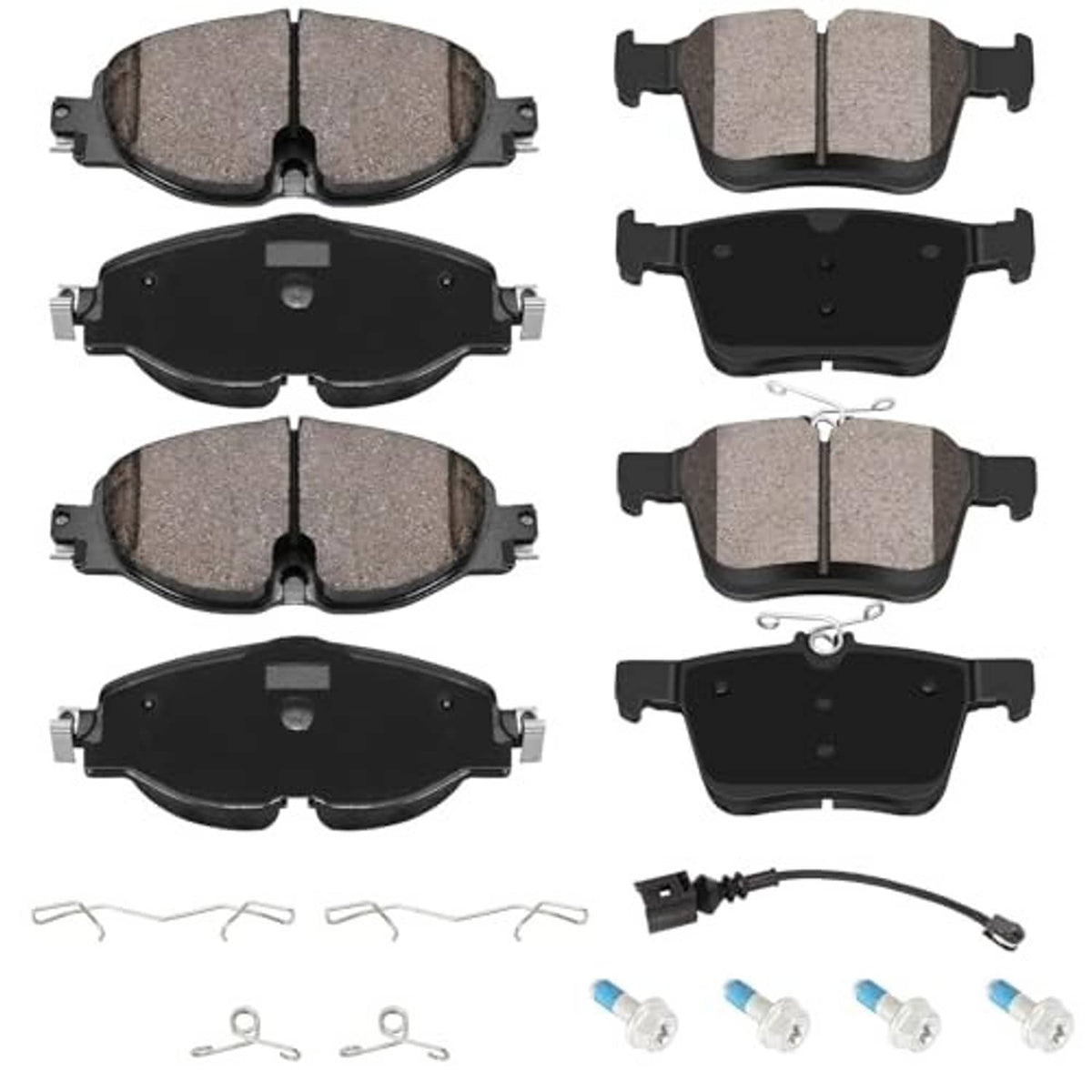 Ceramic brake pad set with metal backing, shims and sensor wiring shown in multiple views