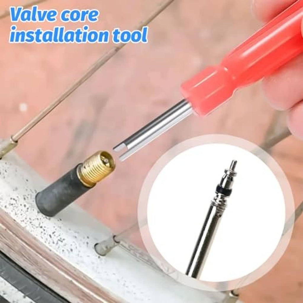 Valve core installation tool with red handle, chrome shaft, and brass valve core