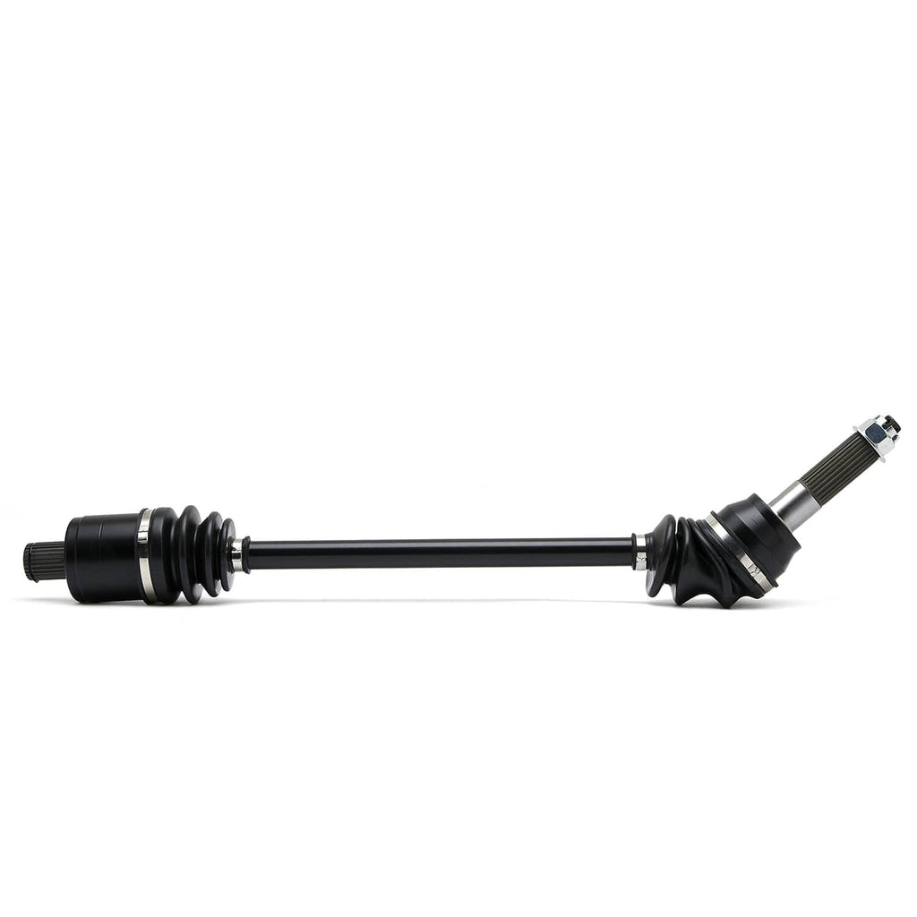Rear CV axle shaft with rubber boots and splined ends, black and silver