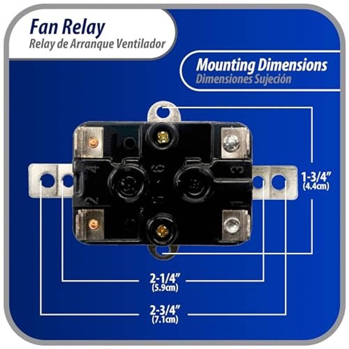 Fan relay top view with terminal layout and mounting dimensions diagram