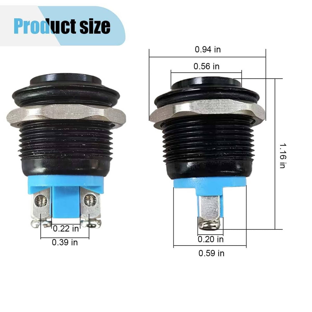 Round push button switch size diagram with black body and blue contact base