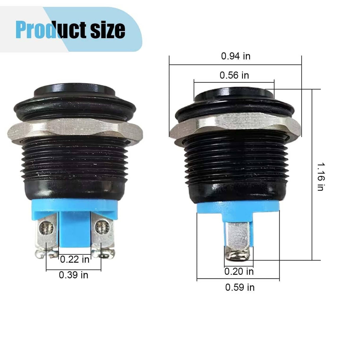 Round push button switch size diagram with black body and blue contact base