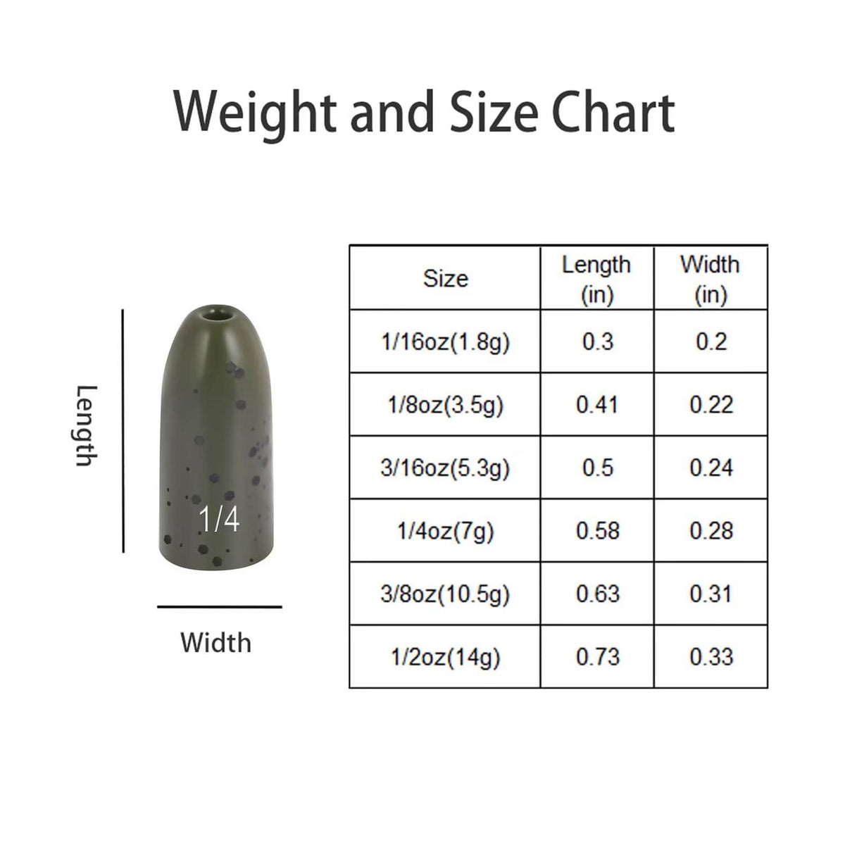 Weight and size chart listing bullet weight dimensions by size in inches.