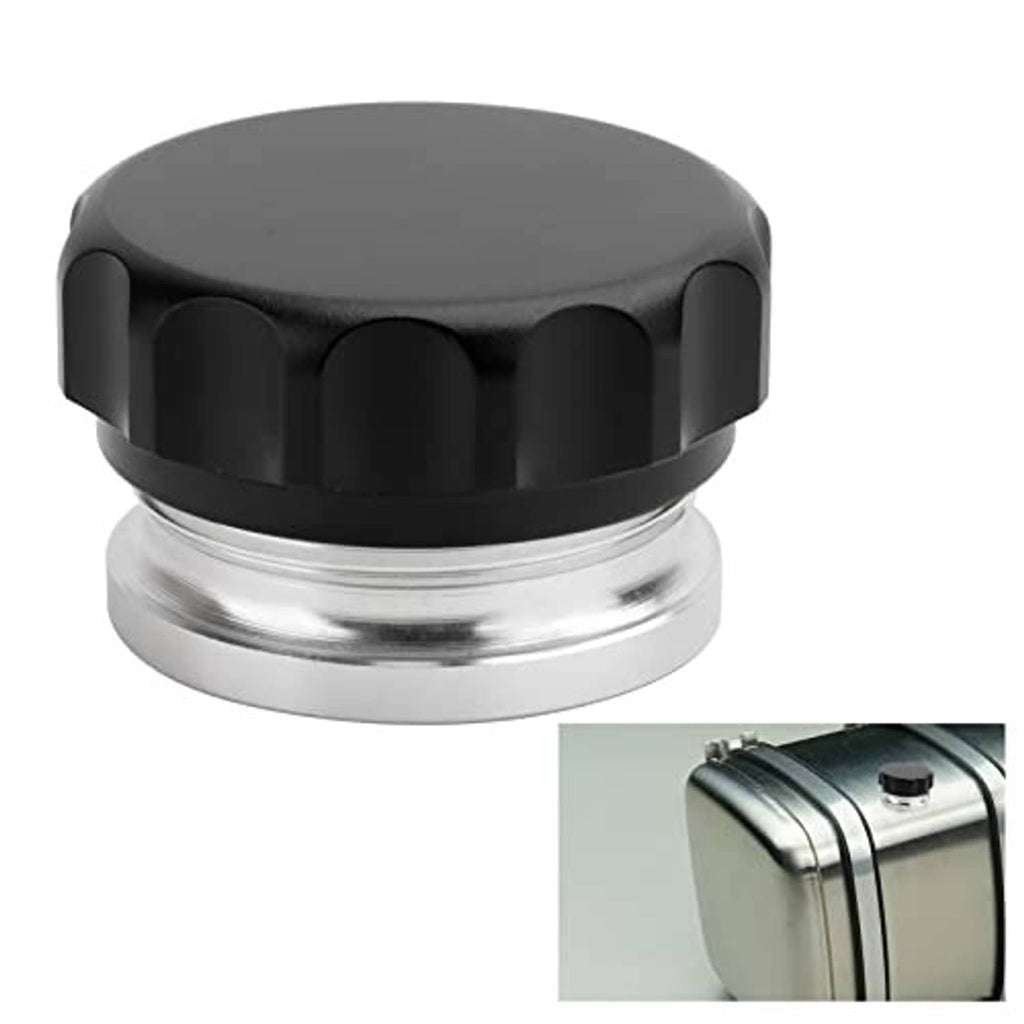 Black ridged filler neck cap with polished silver threaded base ring, front three-quarter view