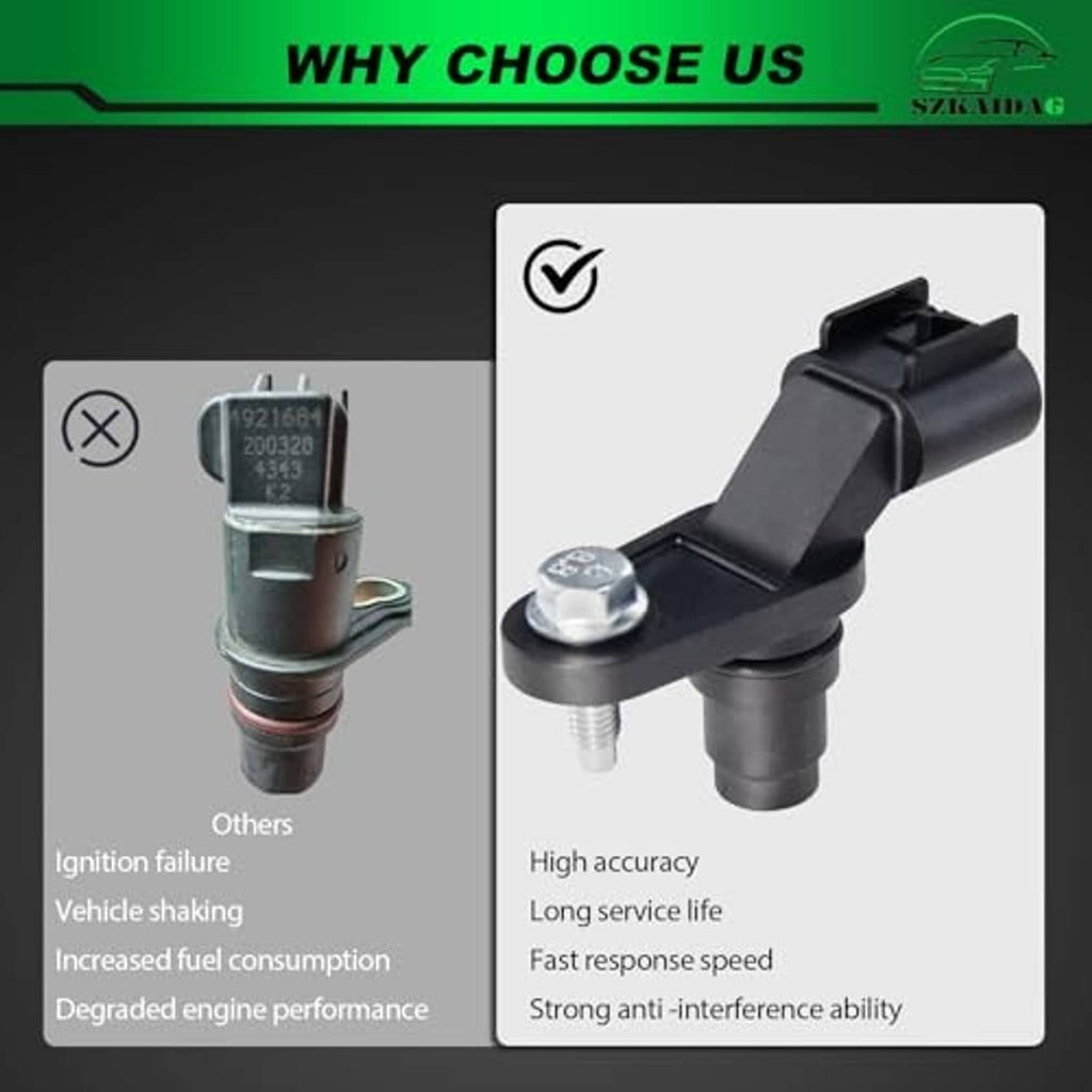 Camshaft position sensor with black bracket and silver bolt shown on a quality comparison card