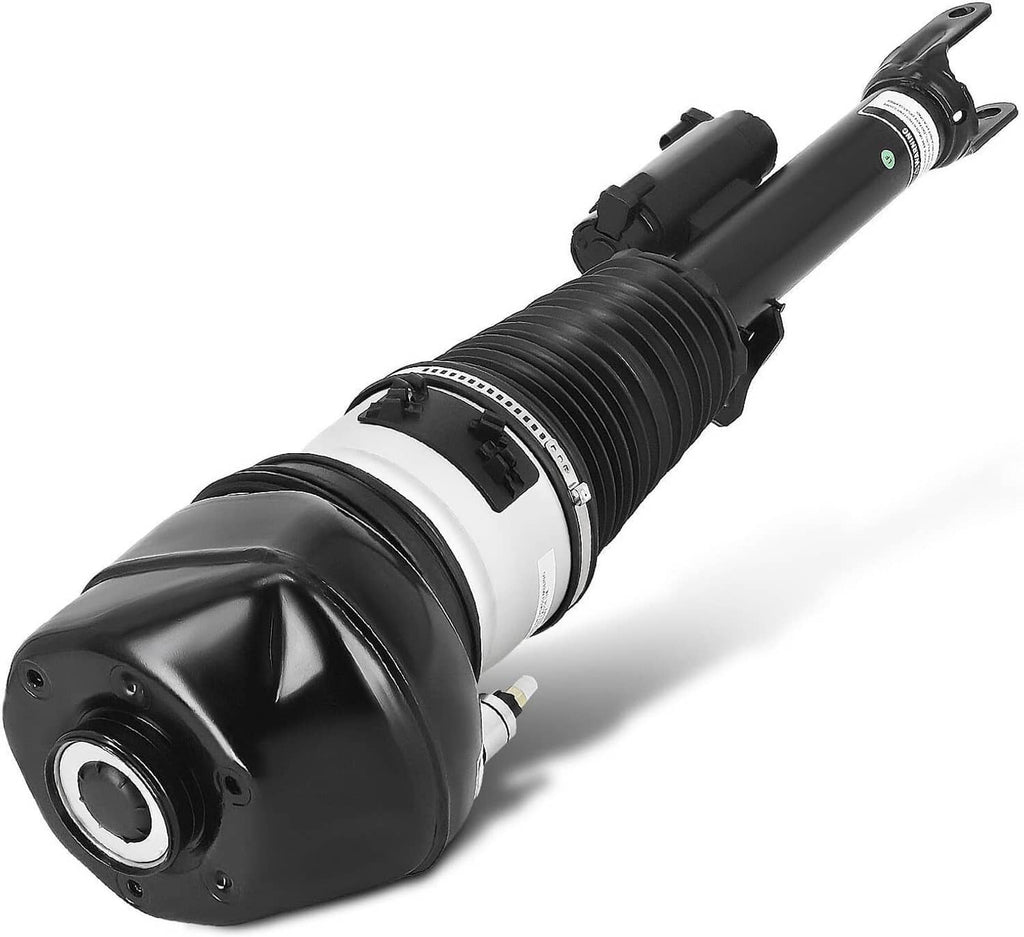 Front air suspension strut with black air spring and ribbed metal cylinder, mount bracket