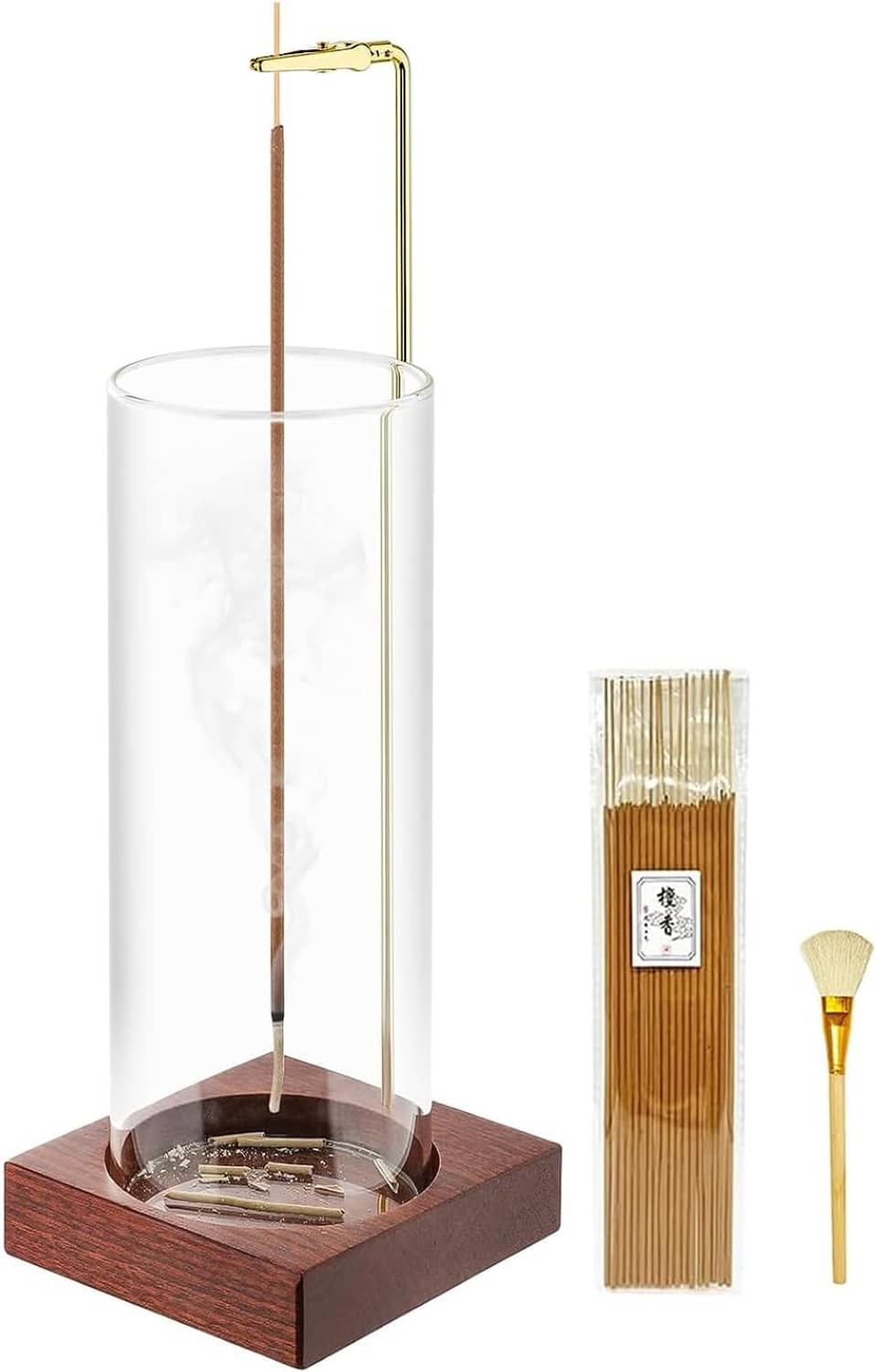Dark wood incense holder with clear glass cylinder, gold frame, and included incense sticks