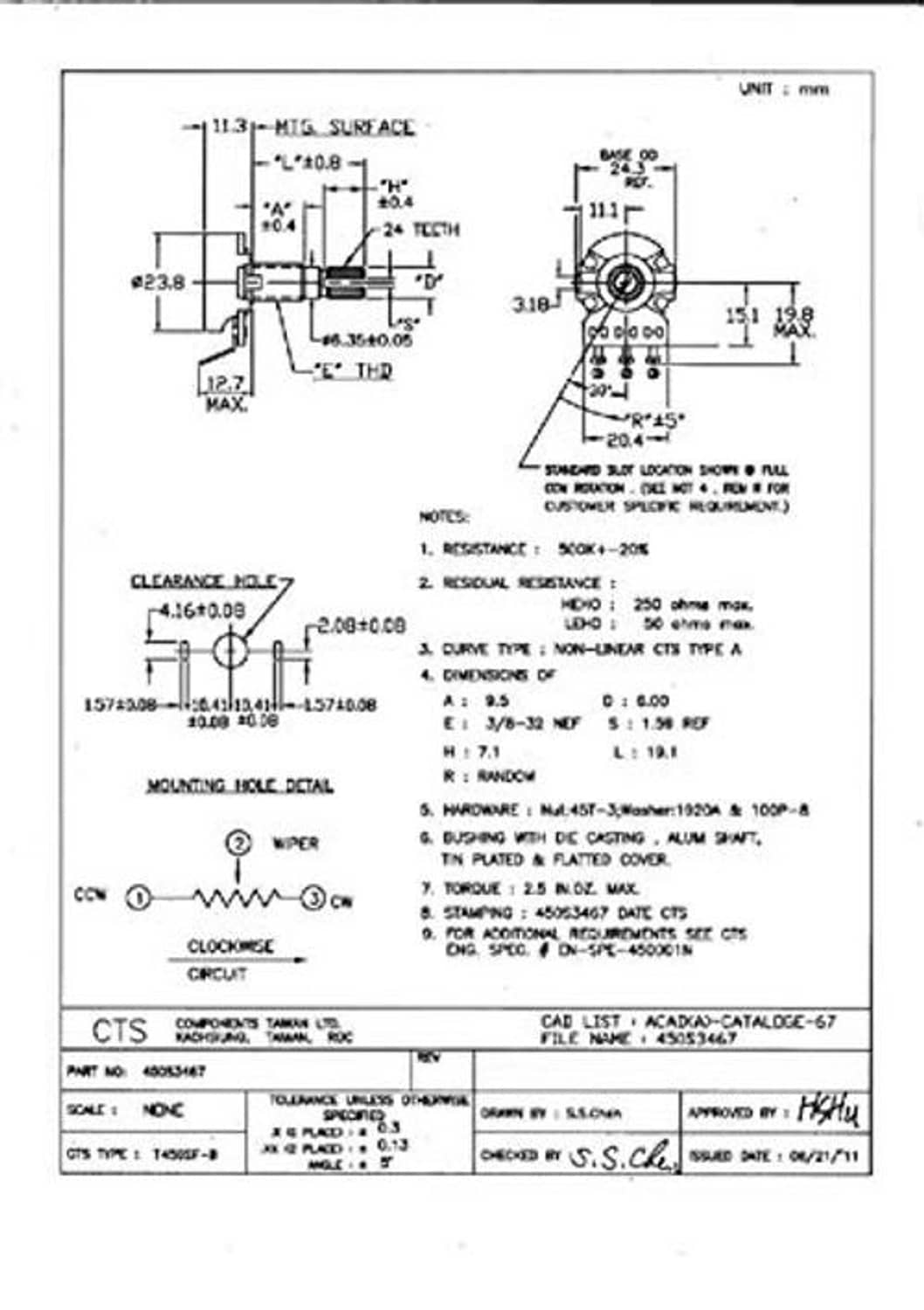 CTS components mechanical drawing with dimensions for 500K potentiometer