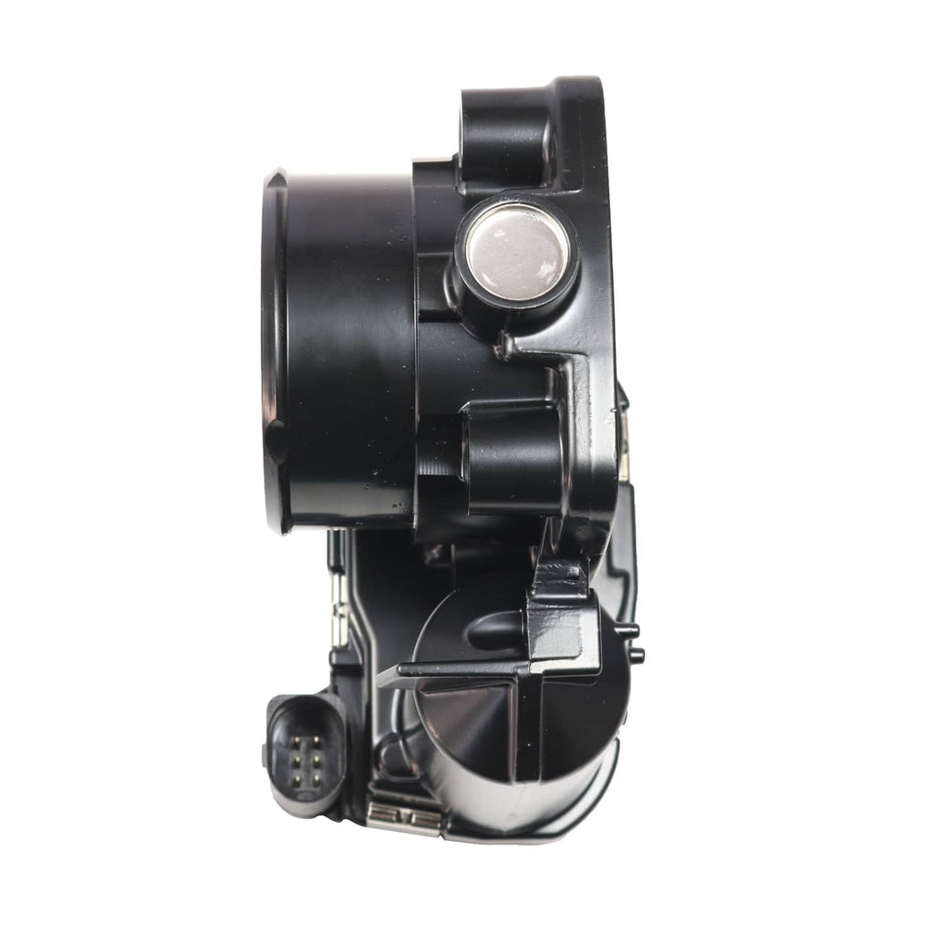 Throttle body side view with round mounting flange and electrical connector at base