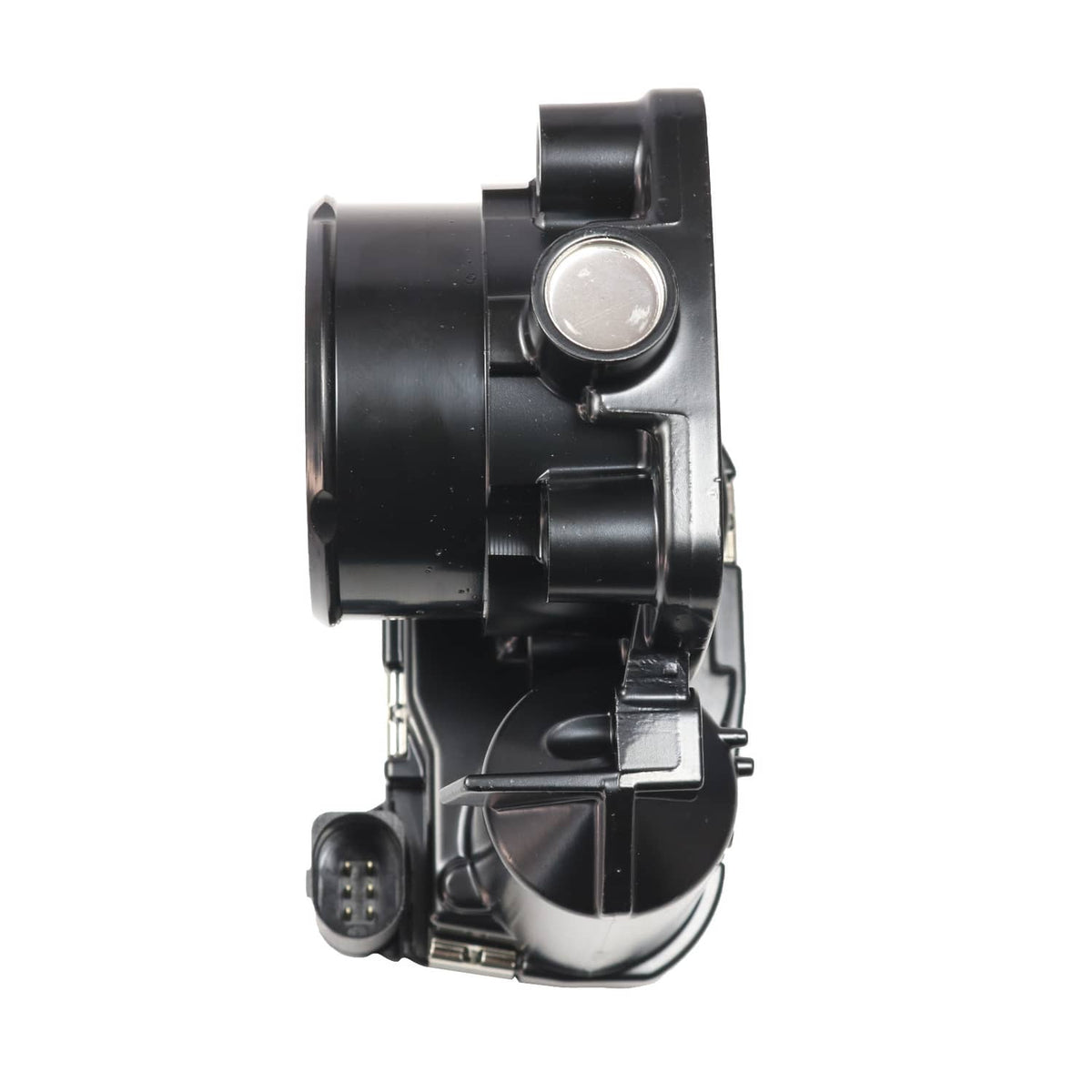 Throttle body side view with round mounting flange and electrical connector at base