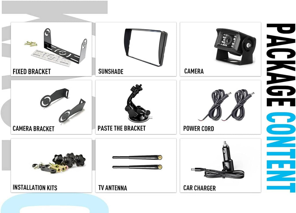 Backup camera installation accessories set with brackets, cords, antenna, and car charger