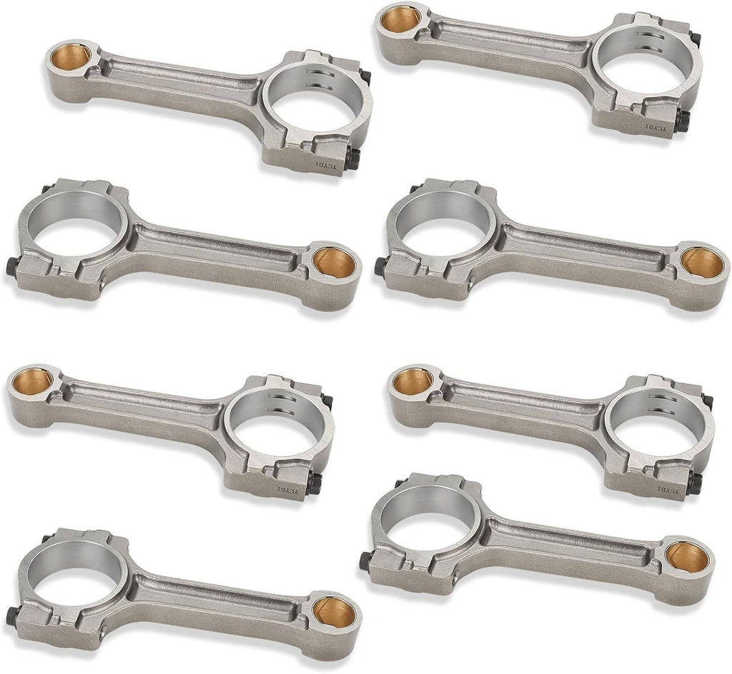 Set of 8 connecting rod assemblies with floating pins, silver metal.
