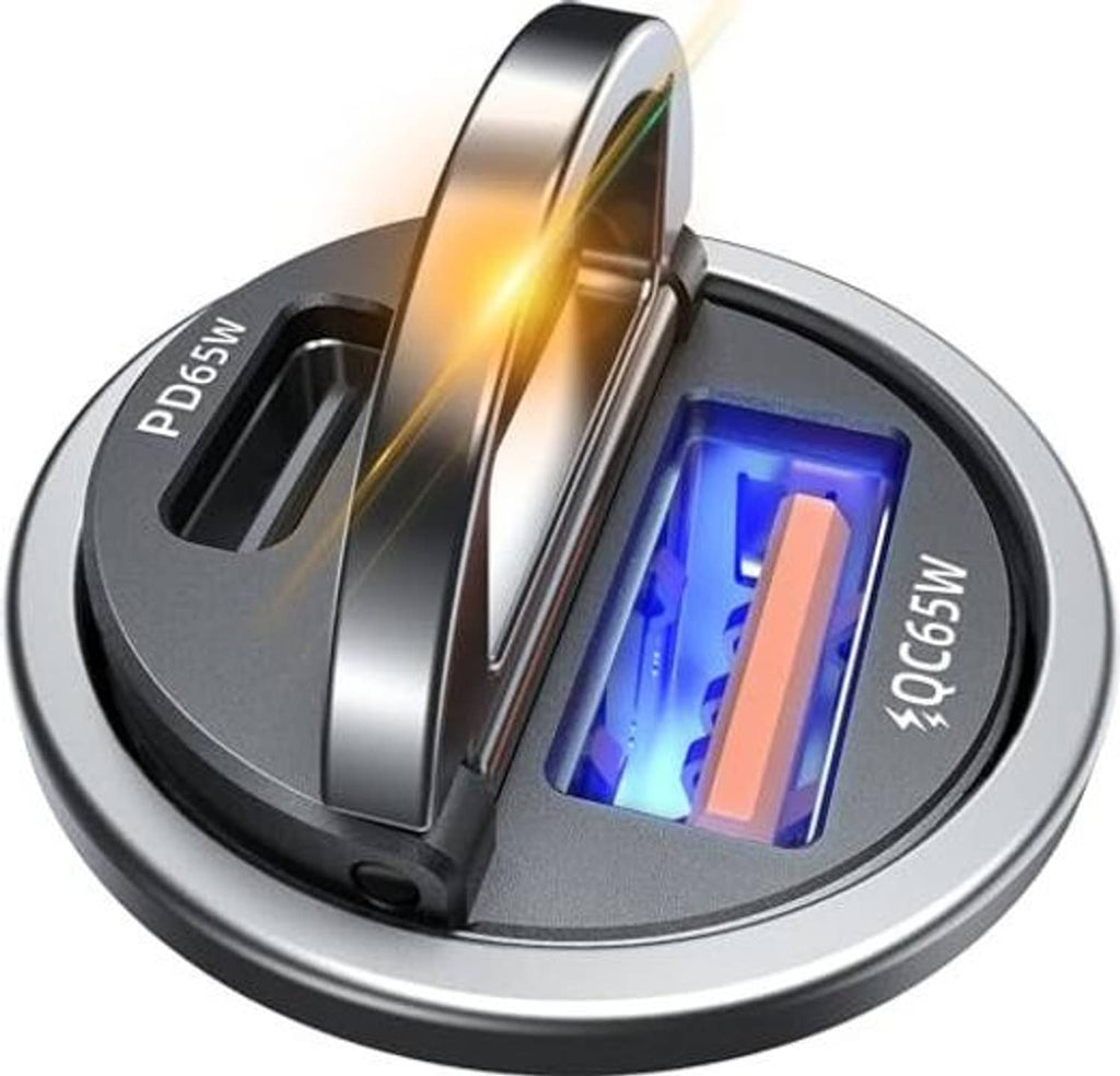 Car USB-C fast charger close-up with dual ports and metal outer sleeve