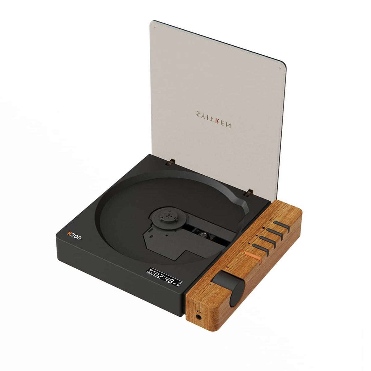 Portable retro CD player with open lid, black tray and wood side panel