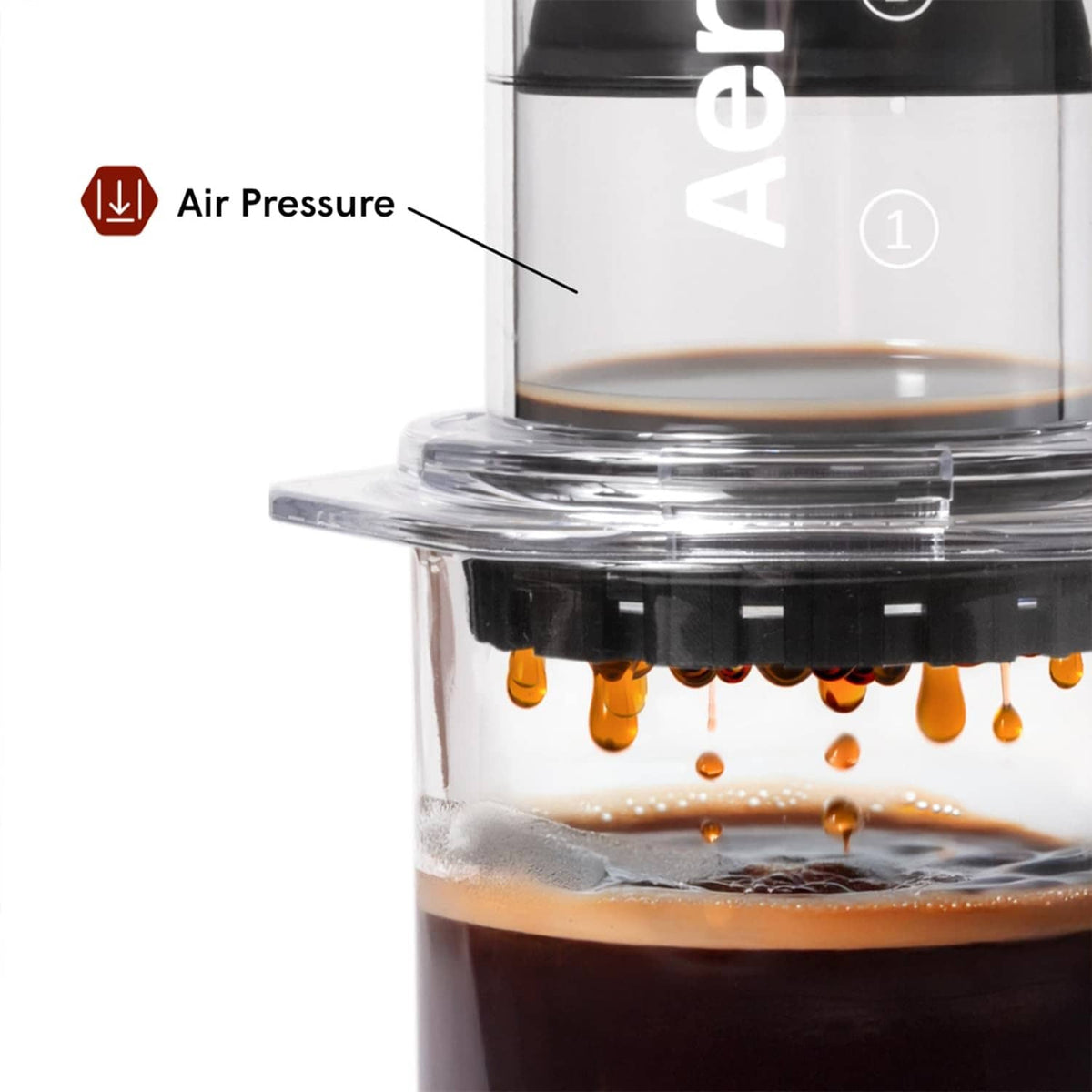 Coffee dripping through the black AeroPress filter during brewing