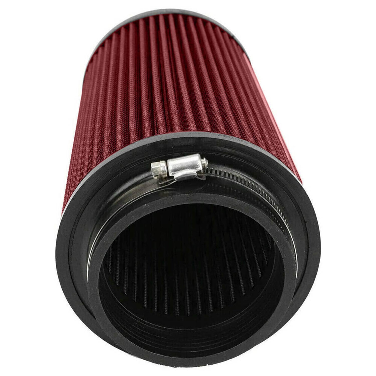 Red cone air filter with black rubber base and metal clamp attachment