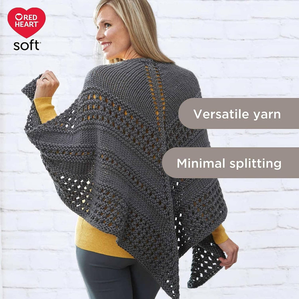 Gray crocheted cardigan on model, Red Heart soft logo and minimal splitting callout