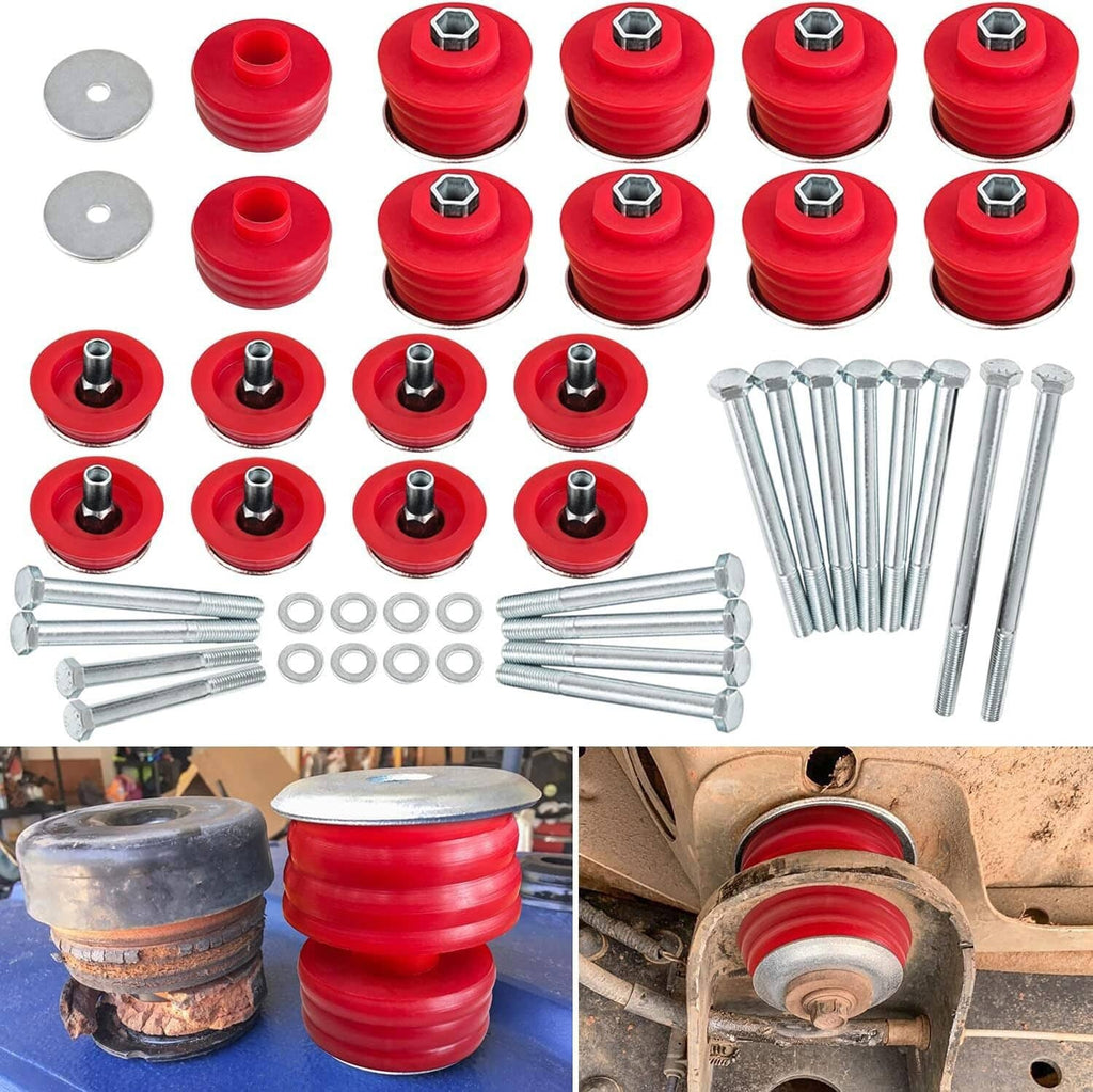 Red cab mount bushings with metal bolts and washers, hardware kit parts set