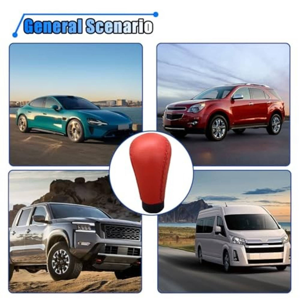 Red leather shift knob centered on multiple vehicle interior scenes