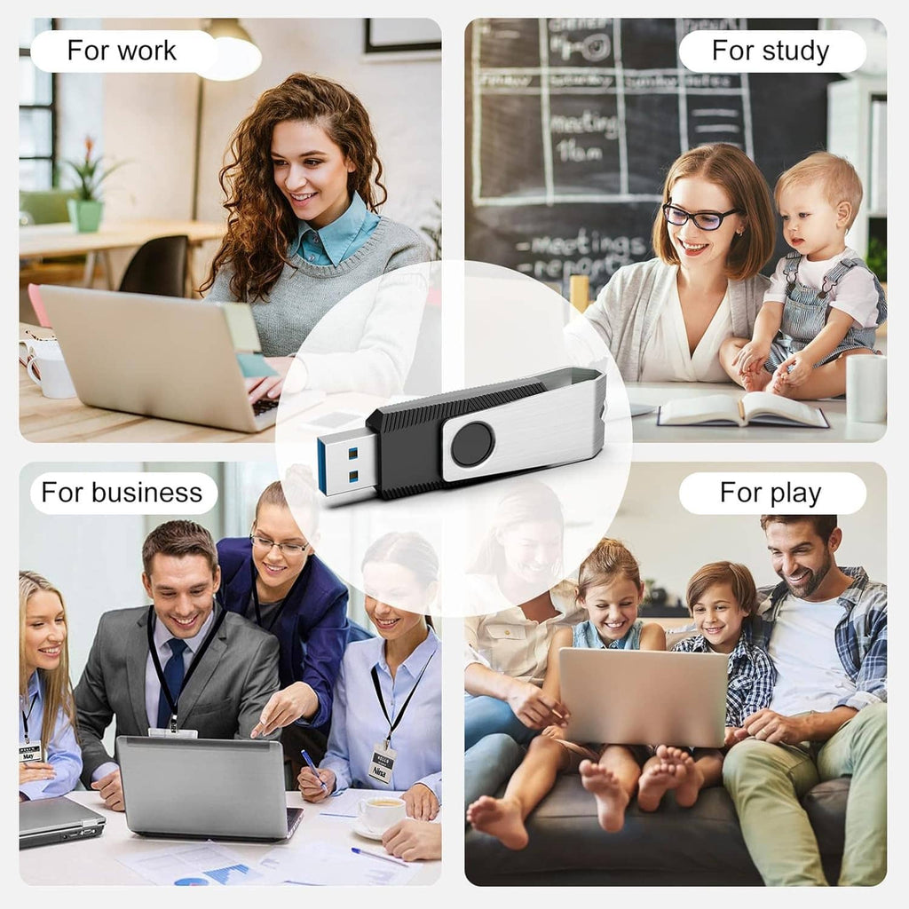 Silver and black USB flash drive centered on a lifestyle collage for work study business play