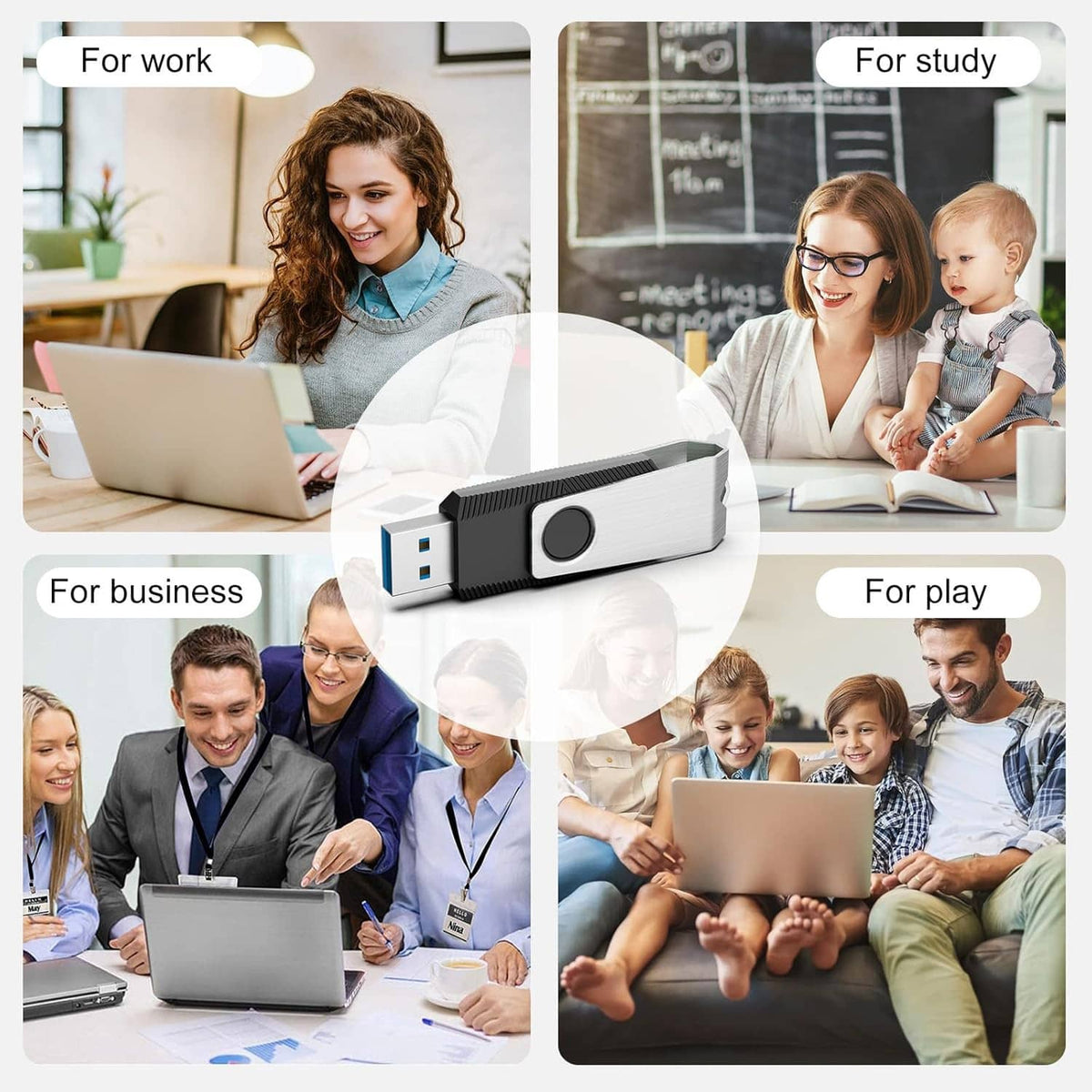 Silver and black USB flash drive centered on a lifestyle collage for work study business play
