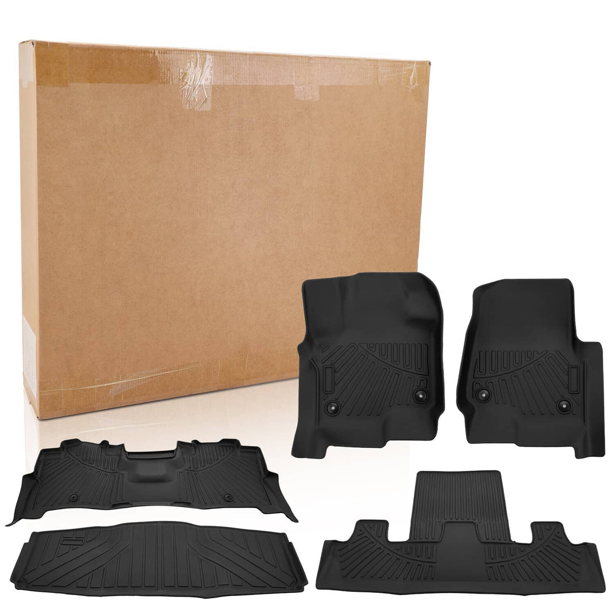 Black molded waterproof cargo liner and floor mat set with raised grip channels