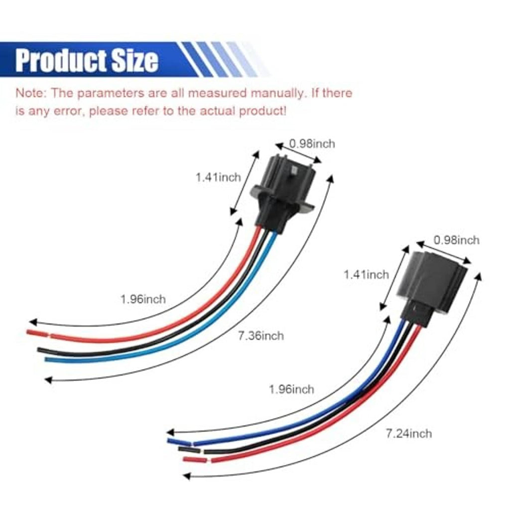 Automotive headlight connector adapter with red, blue, white wires and black plug housing