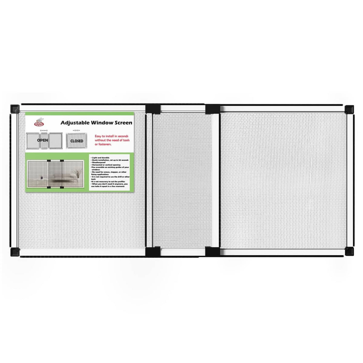 Adjustable window screen with white frame and grey mesh panel