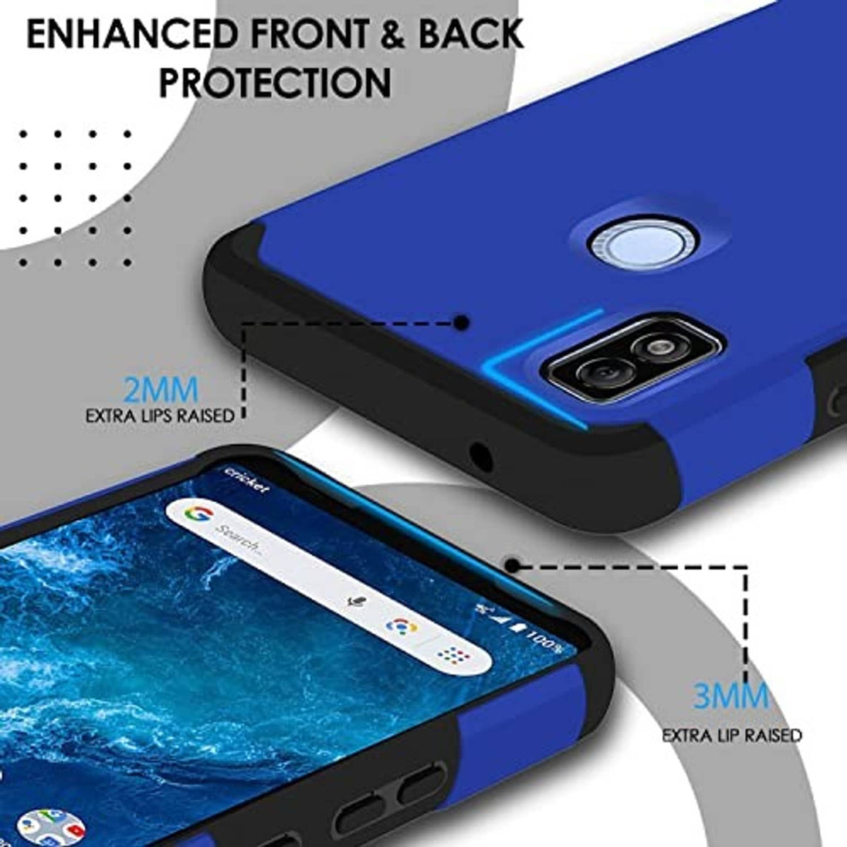 Blue rugged phone case with raised lip for extra front and back protection over cameras.