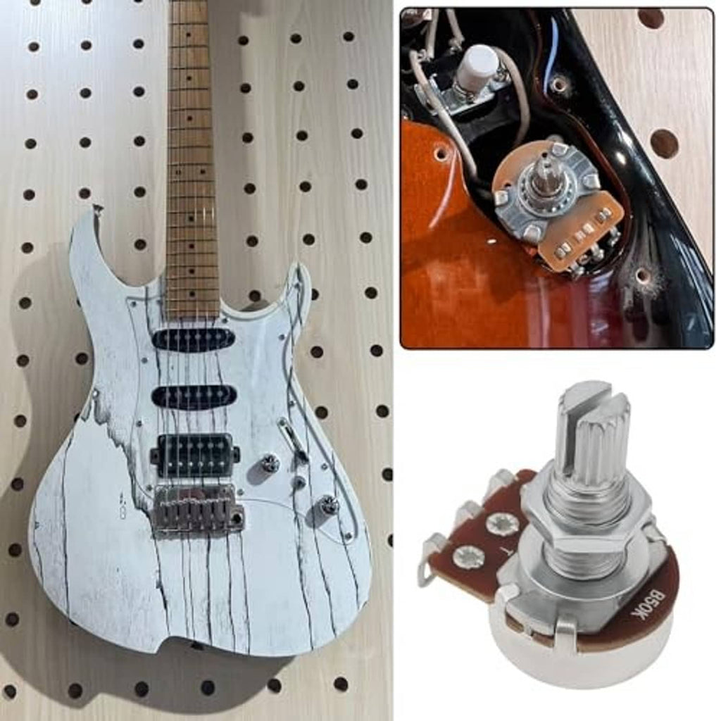 Linear potentiometer knobs mounted on a guitar control cavity, showing split-shaft metal stems